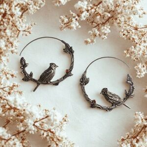 Bird Hoop Earrings in Antique Silver tone